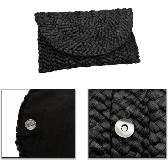 Women Black Woven Straw Beach Handbag Envelope Clutch Rattan Clutch - Picture 6 of 7